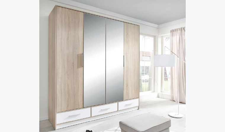 Armoire dressing miroir, rangement et tiroirs pour chambre adulte