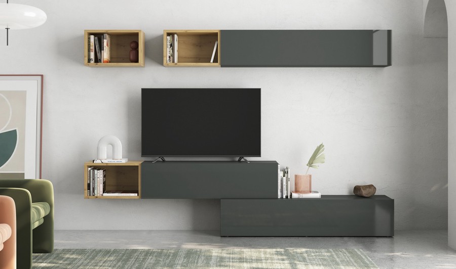 Mobilier suspendu de salon meuble télé design taupe, gris et chêne
