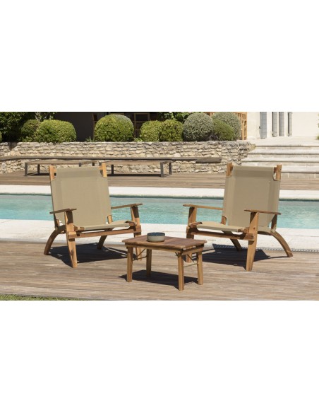 Salon de jardin bas en acacia et tissu kaki 2 places - Honolulu