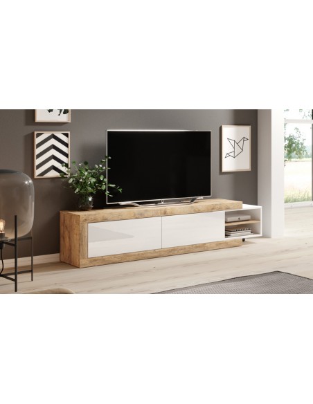 Meuble TV extensible blanc et chêne