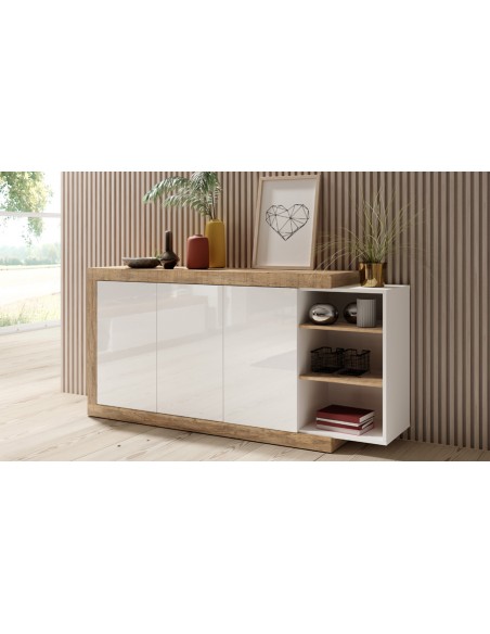 Buffet 180 cm blanc brillan et chêne