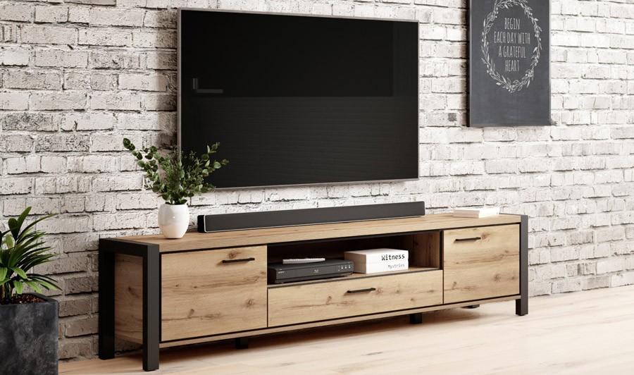 Meuble TV style industriel 210 cm noir et chêne - Nolan