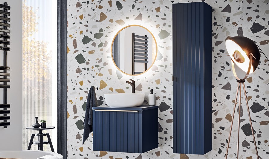 Ensemble salle de bain suspendu bleu et doré 60 cm - Santorin