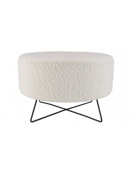 Pouf rond tissu bouclette blanc et pieds croisés en métal