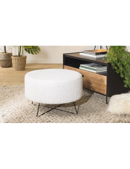 Petit tabouret rond blanc en tissu bouclette avec pieds noirs - Rosalia