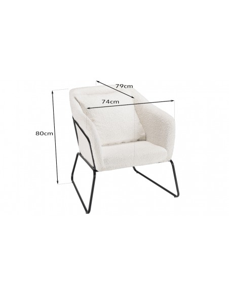Fauteuil blanc en tissu bouclette avec pieds évasés en métal noir - Rosalia