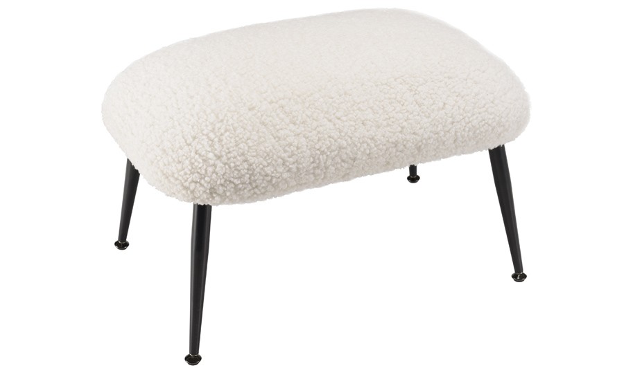 Petit tabouret rond blanc en tissu bouclette avec pieds noirs - Rosalia