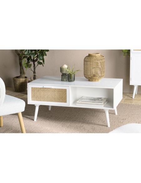 Table basse blanche et cannage rotin