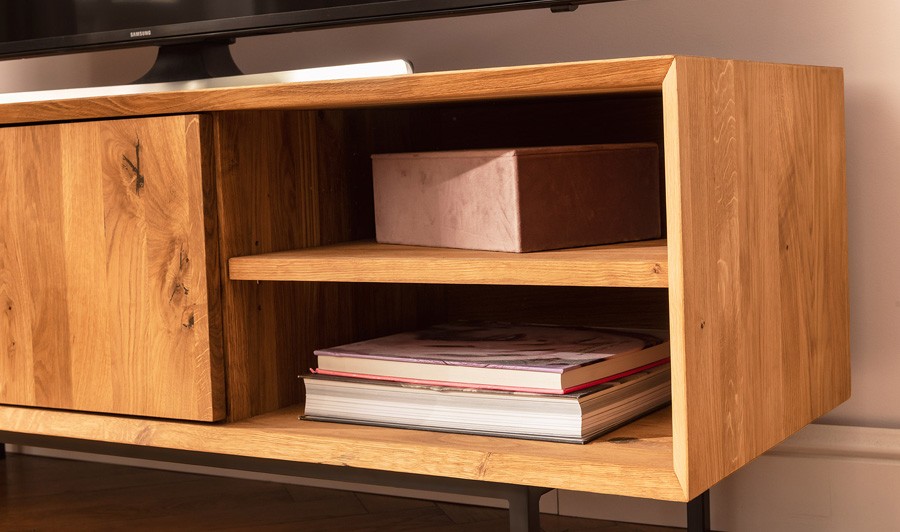 Meuble TV Bas 200 Cm En Chêne Et Noir - 3 Portes & Étagère Ouverte - Design Moderne