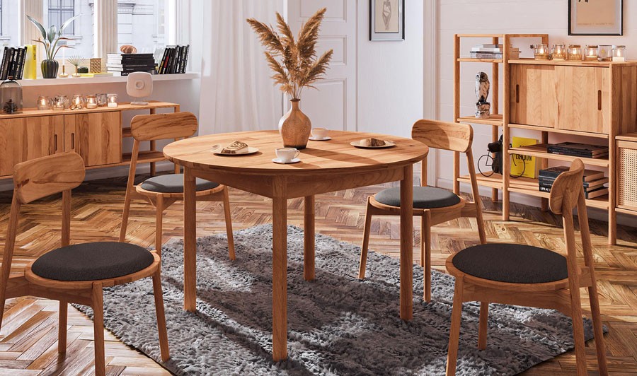 Table à manger ronde blanche et bois massif pour salle à manger