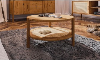 Table basse ronde en chêne et rotin