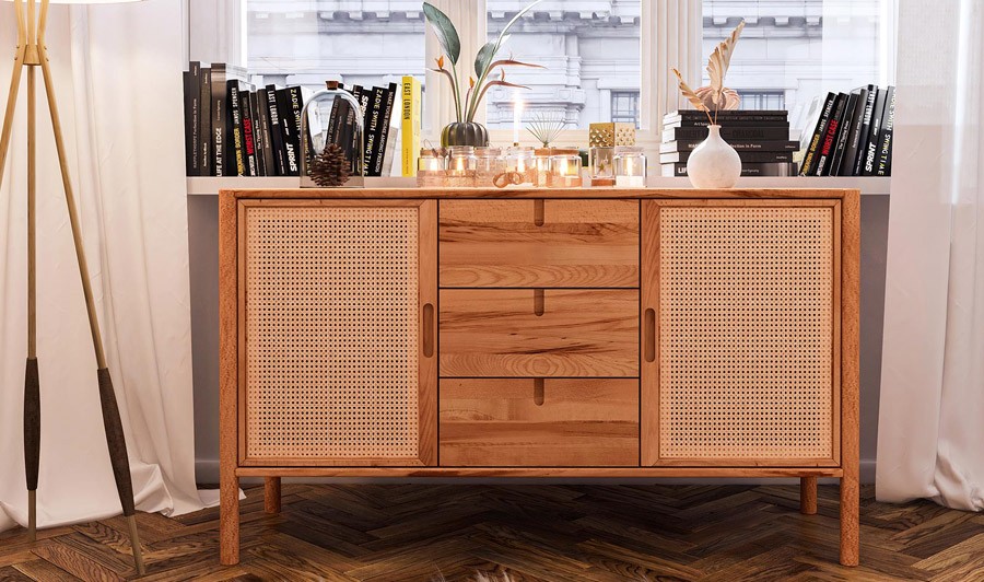 Commode minimaliste en hêtre massif et rotin