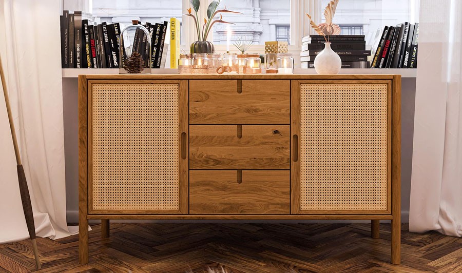 Commode minimaliste en chêne massif et rotin