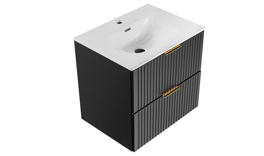 Meuble Vasque Suspendu Noir Mat L.60 Cm Imandra + Plan Vasque Noir Céramique Nira, GoodHome