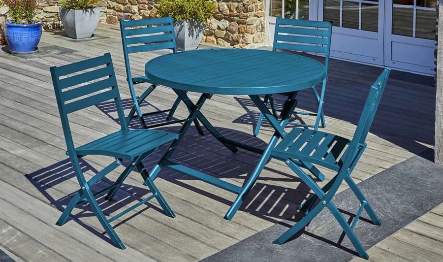 Salon de jardin repas rond haut de gamme en bois 4 places Nosara