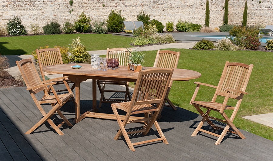 Salon de Jardin Teck Table ovale extensible 180/240 + 6 chaises pliantes  SUMMER ref. 30020842, Ensemble repas