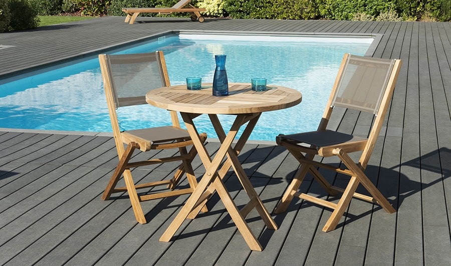 Table de jardin en teck en résine tressée ronde pliante