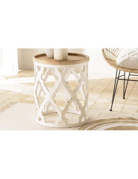 Table d'appoint style ethnique bois et blanc