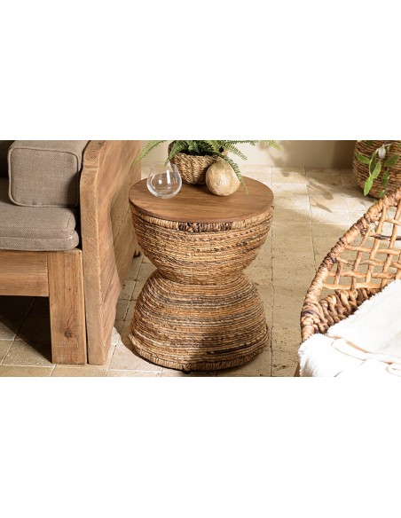 tabouret décoratif en abaca tressée et teck