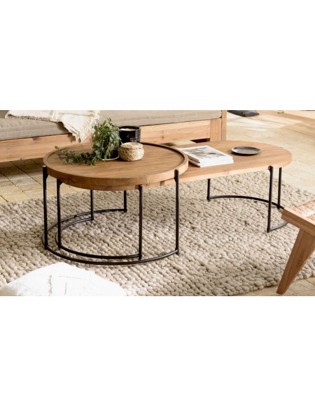 2 tables basses gigognes ovale et ronde en teck