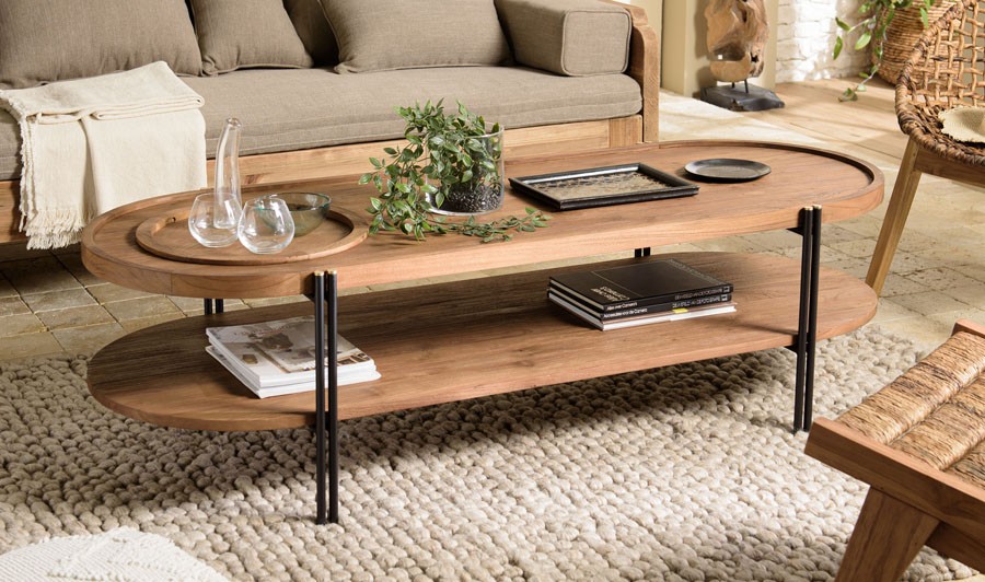 Grande table basse en bois de teck recyclé ovale 140 cm - Thekku