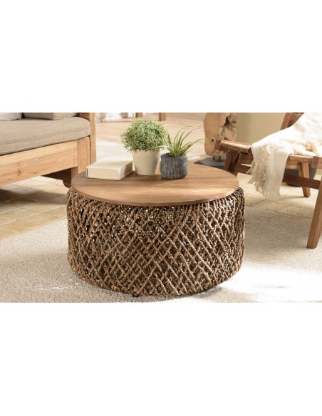 Table basse ronde tissage coco 70 cm plateau amovible