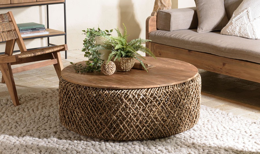 Grande table basse ronde ethnique tissage coco plateau amovible Grande table basse ronde ethnique tissage coco plateau amovible