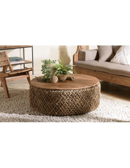 Grande table basse ronde ethnique tissage coco plateau amovible