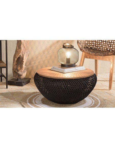 Table basse ronde en rotin noir avec rangement