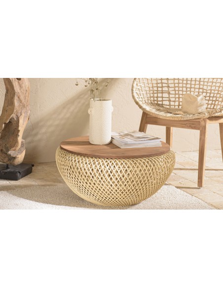 Table basse ronde en rotin beige