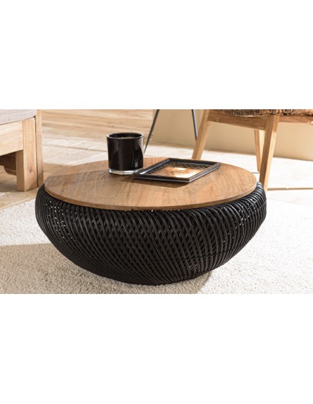 Table basse ronde en rotin noir 80 cm