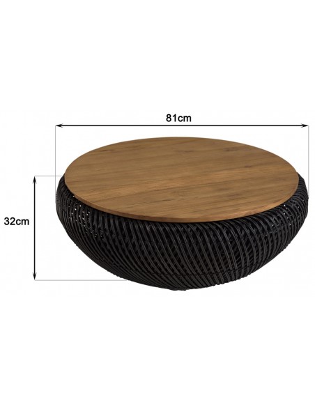 Table basse ronde 80 cm en rotin noir et teck avec rangement - Thekku
