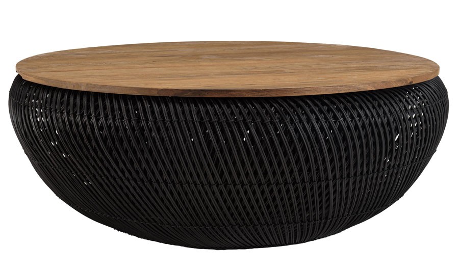 Grande table basse ronde 100 cm en rotin noir avec rangement Thekku
