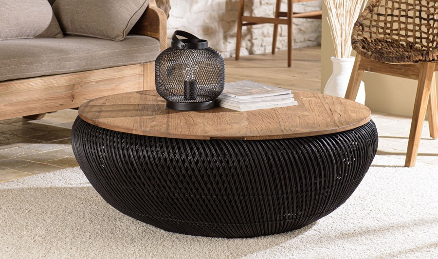 Grande table basse ronde 100 cm en rotin noir avec rangement Thekku