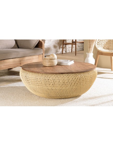 Grande table basse ronde en rotin beige 100 cm