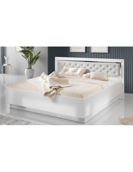 lit 180 x 200 cm blanc et argenté avec tête de lit capitonnée