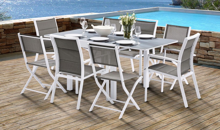 Table de jardin carrée extensible + 8 assises en textilène | Oviala