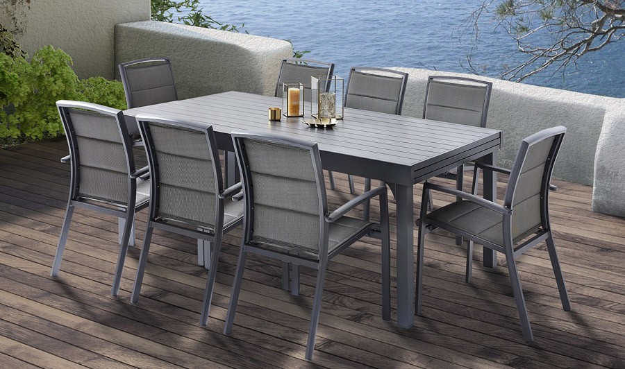 Ensemble De Repas Extensible Gris + 8 Fauteuils - Aluminium