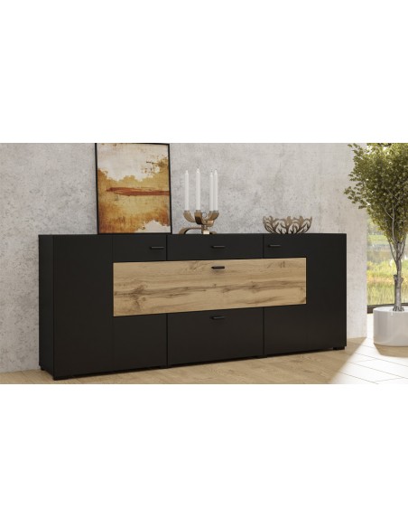 Grand buffet noir chêne style industriel Onyx