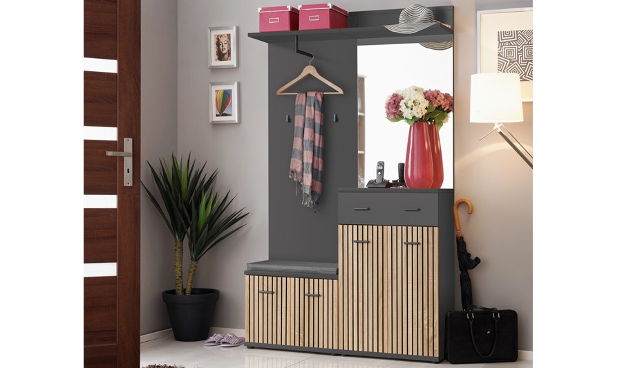 Meuble d'entrée anthracite avec banc, porte manteau et miroir Harlow