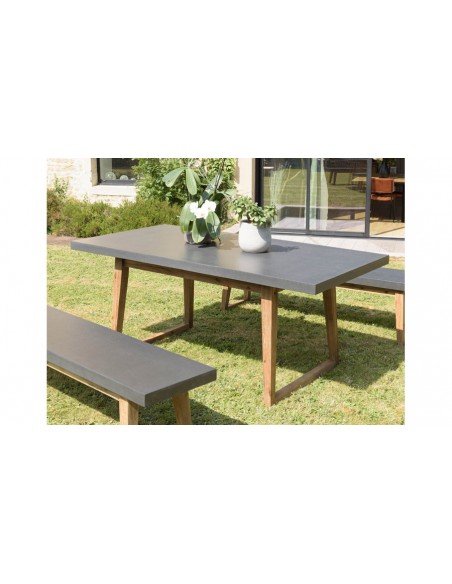 Ensemble table de jardin + 2 bancs en béton et pieds en acacia - BETTY