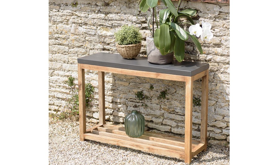 Etagère à Plantes de Jardin en Résine Effet Béton & Bois d'Acacia