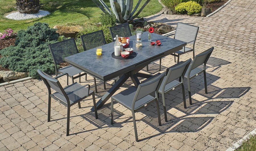 Table de jardin anthracite avec rallonge en aluminium et HPL Caicos