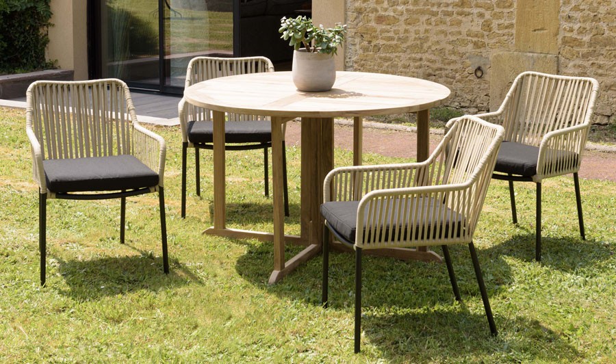 Salon de jardin 4 places en bois et corde beige + table - Sicilia