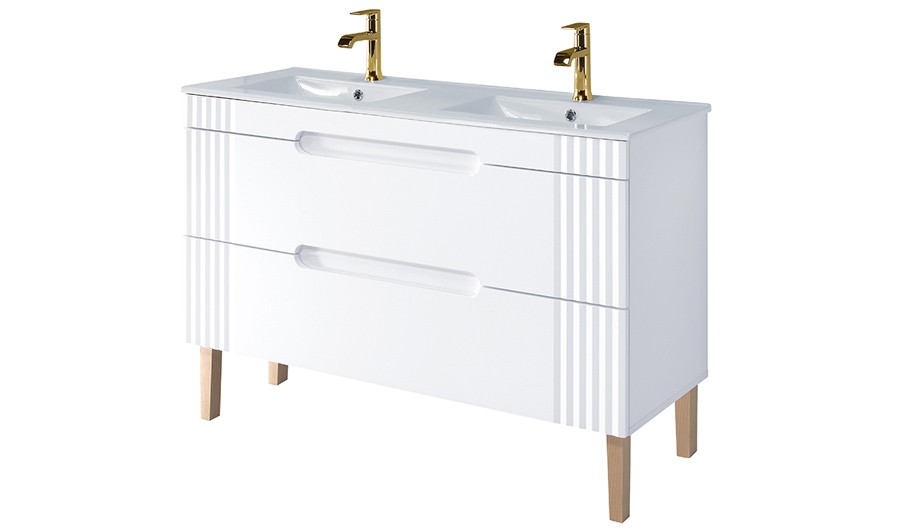 Salle de bain blanche et bois 120 cm double vasque encastrée - Arctique