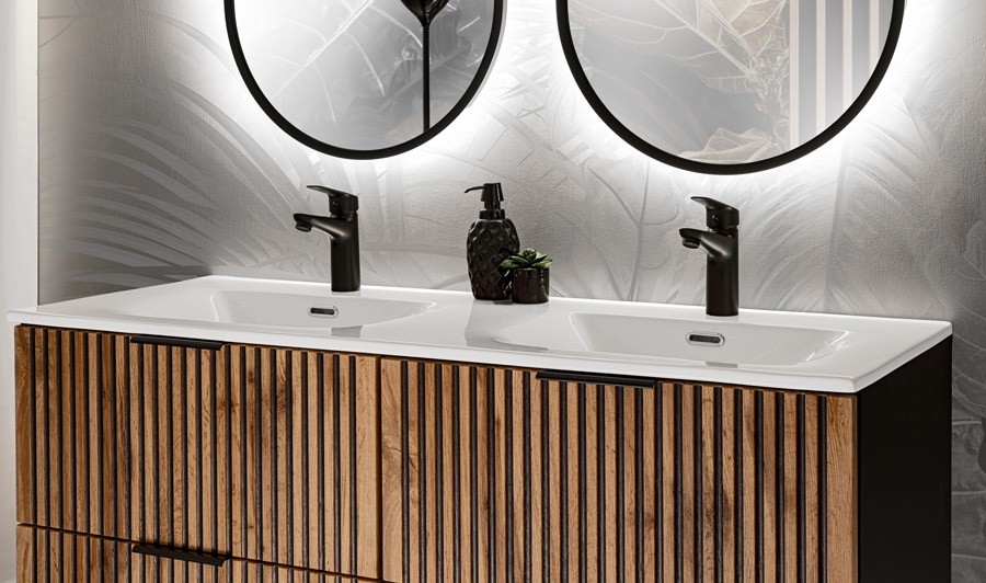 Salle de bain 120 cm chêne rainuré et noir avec double vasque encastrée