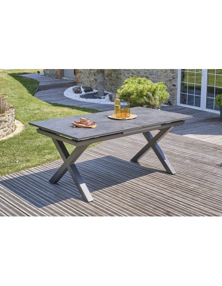 Table de jardin en aluminium gris anthracite et plateau en céramique avec rallonge automatique - FLORIDE