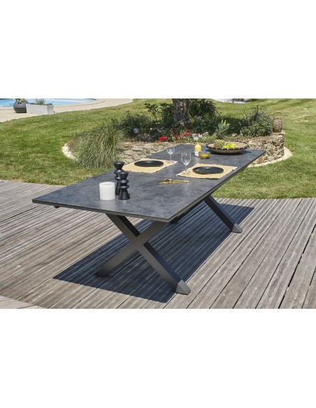 Table de jardin en aluminium gris anthracite et plateau en céramique avec rallonge automatique - FLORIDE