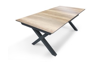 Table de jardin en aluminium gris anthracite et plateau HPL imitation bois avec rallonge automatique - FLORIDE