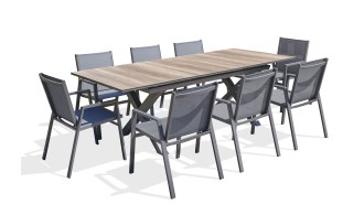 Ensemble de repas de jardin FLORIDE  en HPL imitation bois et  8 fauteuils aluminium gris Anthracite